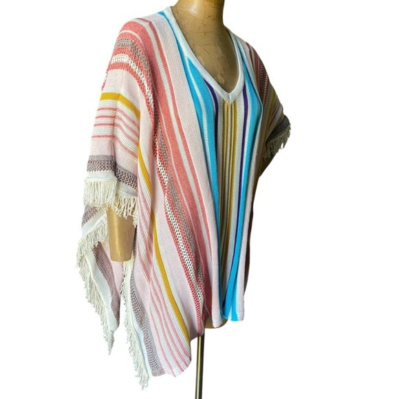BOHO Rainbow Stripe Fringed Poncho Swimsuit Coverup One Size #15S - Picture 4 of 6